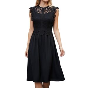 Loft Black Lace Mixed Media Midi Dress Crochet Flutter Sleeve LBD Cocktail Sz 4